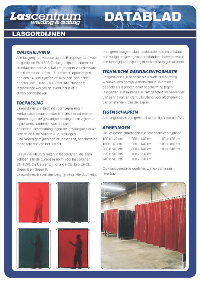 Lasgordijnen Datasheet