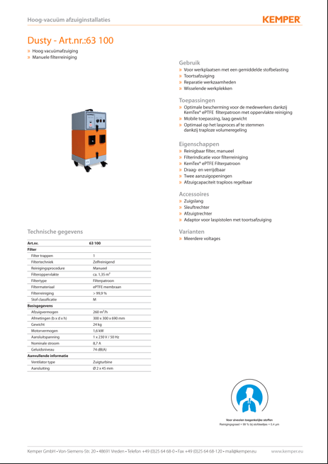 Dusty hoog vacuüm filterunit Datasheet
