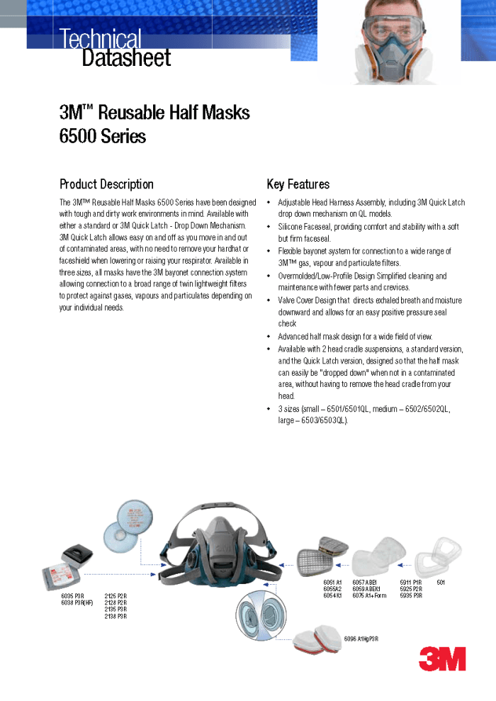3M™ 6500-serie Halfgelaatsmasker Datasheet