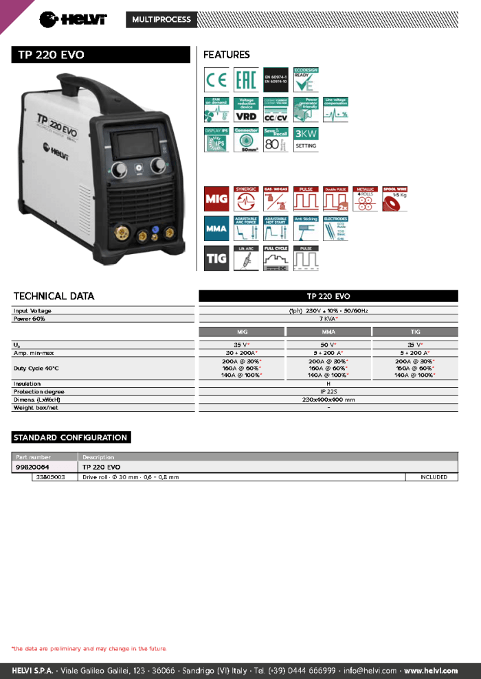 Helvi TP 220 EVO datasheet