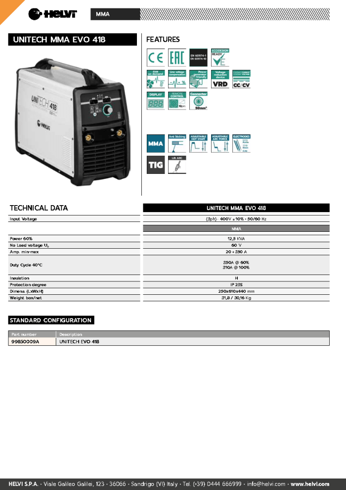 Helvi UNITECH MMA EVO 418 datasheet